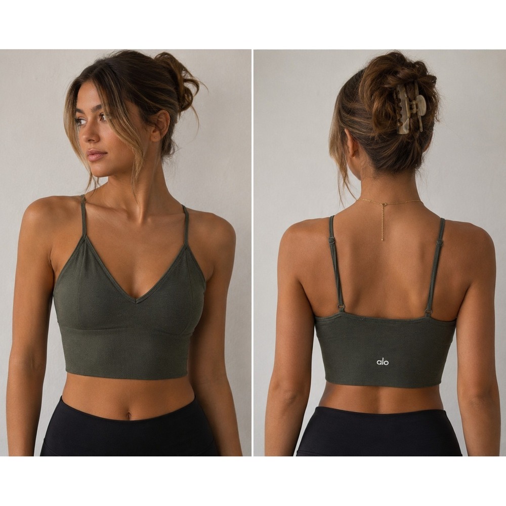 Alo Yoga Delight Bralette Sports Bra M Olive Green Longline Seamless Low Impact - Picture 1 of 7